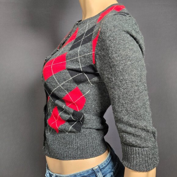 Y2K Argyle Lambs Wool Cardigan Size S Gray Fitted Preppy Academia Emo Punk 2000s - Picture 5 of 9